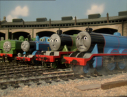 Duck, Thomas, Henry and Gordon (Note: Gordon's left buffer is crooked and his front wheels are derailed)