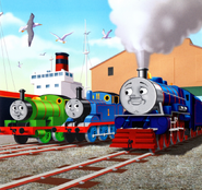 Hank with Thomas and Percy in a Story Library book