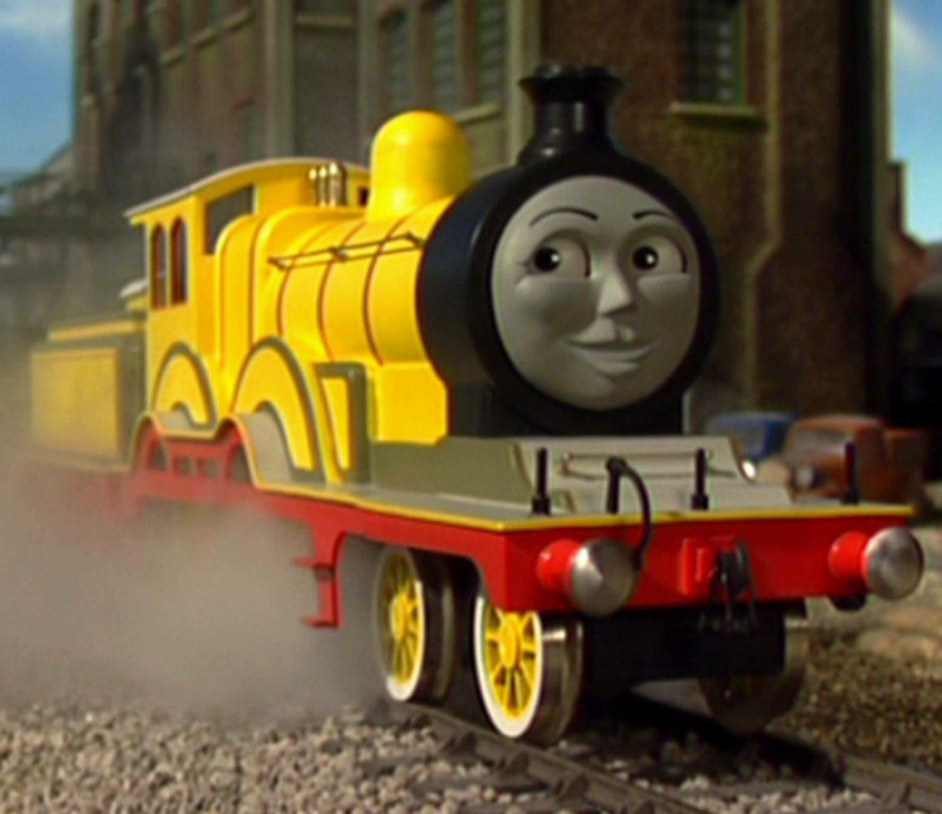 Toy cast iron train models of Molly (yellow) and Rosie (pink) from
