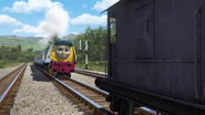 Rebecca behind a brake van