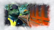 Sir Topham Hatt as a crocodile in a fantasy.