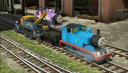 Thomas, Rosie and Butch at the carriage shed in the fifteenth series