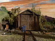 A scrap engine next to Toby's Shed in the first series (left)