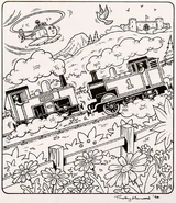 Uncoloured scene of Thomas, Culdee, and Harold