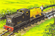 Rusty pulling the weedkiller train, drawn by Clive Spong