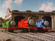 Thomas, James and Percy at Tidmouth Sheds