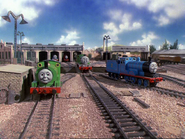 Edward, Percy and Henry at the exit of the sheds