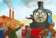 Workmen are shocked to see Donald crashing into some buffers