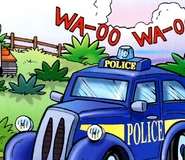 A police car with yellow stripes and lettering