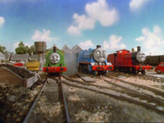 Percy, Gordon and James at Tidmouth Yard