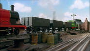 Percy, James, and the trucks pulling in to the Docks