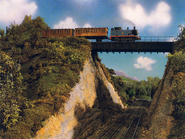 Thomas, Annie and Clarabel on the bridge