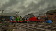 Thomas, Edward, James, Percy and Emily gathered at the sheds