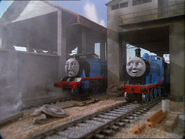 Edward and Gordon by the coaling stage and Sodor Shipping Company building