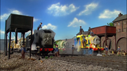 All of the diesels and steam engines were lined-up at Tidmouth Sheds' washdown after the fight