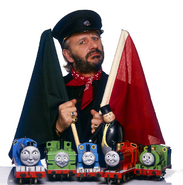 Ringo Starr with (from left to right) Gordon, Duck, Thomas, Sir Topham Hatt, James and Percy