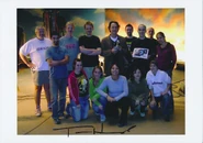 Ayling with Tom Hanks and the production crews with Sir Topham Hatt's model