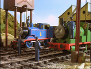 Thomas and Percy at the water towers next to the shed