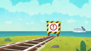 A warning sign at the edge of the cliffside in the third series