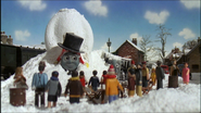 Mr. Hugh's figure with the head of Bertie's conductor in Snow Engine