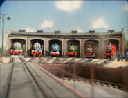 Henry, Gordon, Thomas, Percy, Toby and James at Tidmouth Sheds