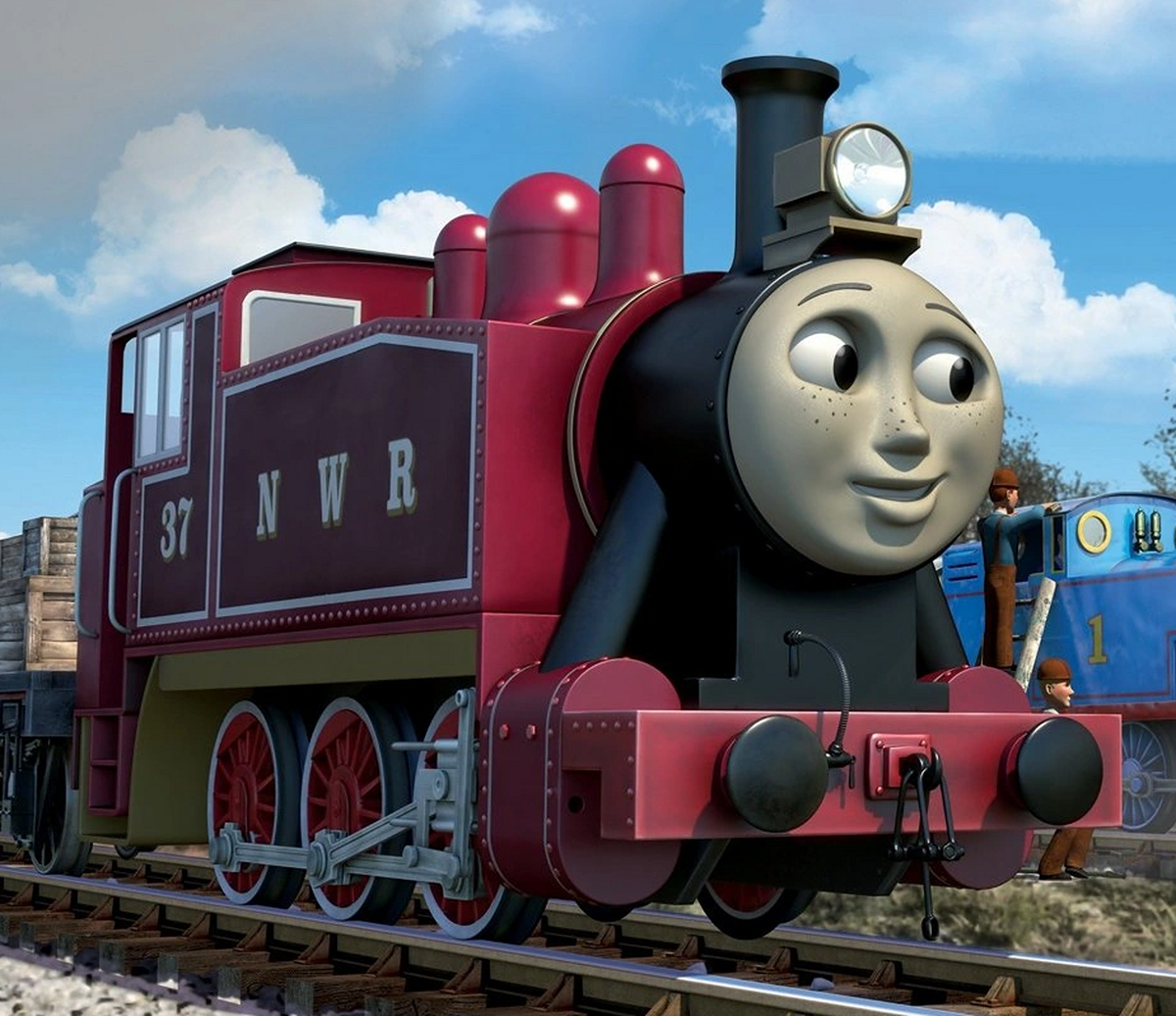 Rosie the pink Thomas the train on a wooden railroad Stock Photo