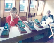 Britt Allcroft and Wilbert Awdry at the railway with the television series models of Thomas, Duck, Toby and Percy in 1986