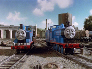 Thomas and Edward in front of Tidmouth Sheds