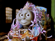 Thomas covered in streamers as part of a Good Luck Package