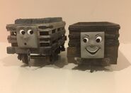A slate truck and narrow gauge truck owned by Twitter and Instagram user ThomasTankMerch