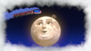 Sir Topham Hatt as the Man in the Moon with Thomas, Annie and Clarabel in a fantasy in the twenty-second series