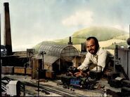 Stephen Asquith holding the Futaba FP-T7UPS Field Force 7 Super transmitter used for Thomas and Percy's eye mechanisms