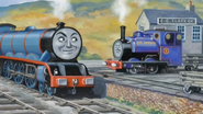 Gordon and Sir Handel at the company, illustrated by Loraine Marshall