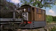 Toby with a flatbed of logs in the seventh series