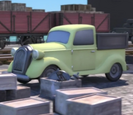 A cream pickup truck in CGI