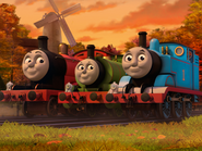 A promotional image of Thomas, Percy and James at the windmill