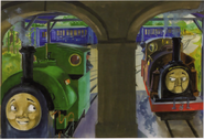 Peter Sam (as Stuart) in his green Mid Sodor Railway livery