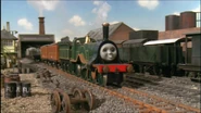 Emily pulling Annie and Clarabel