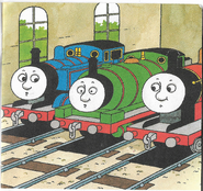 Thomas with Percy and James in Tidmouth Sheds