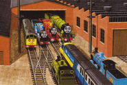 BoCo with the other engines at Tidmouth Sheds meeting Pip and Emma