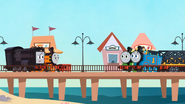 Thomas, Percy, Nia and Diesel on the pier