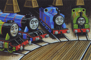 Thomas with Henry, Gordon and Percy in Tidmouth Sheds