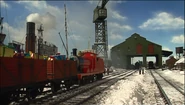 James shunts mail trucks at Brendam Docks in the tenth series