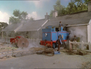 Workmen prop up The Ffarquhar Stationmaster's House with poles in the second series