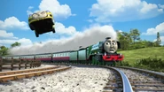 The red express coaches pulled by Flying Scotsman in Big World! Big Adventures!
