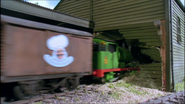 Percy crashing into the chocolate factory