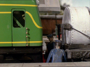 Toby, Percy, Daisy, Henrietta, Annie and Clarabel in the carriage shed