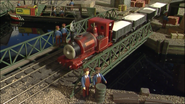 Skarloey crossing a bridge over the canal at the Wharf