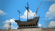 A flatbed carrying Captain Calles' Pirate Ship in Sodor's Legend of the Lost Treasure
