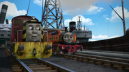 Nia and Salty next to the ship in the twenty-second series